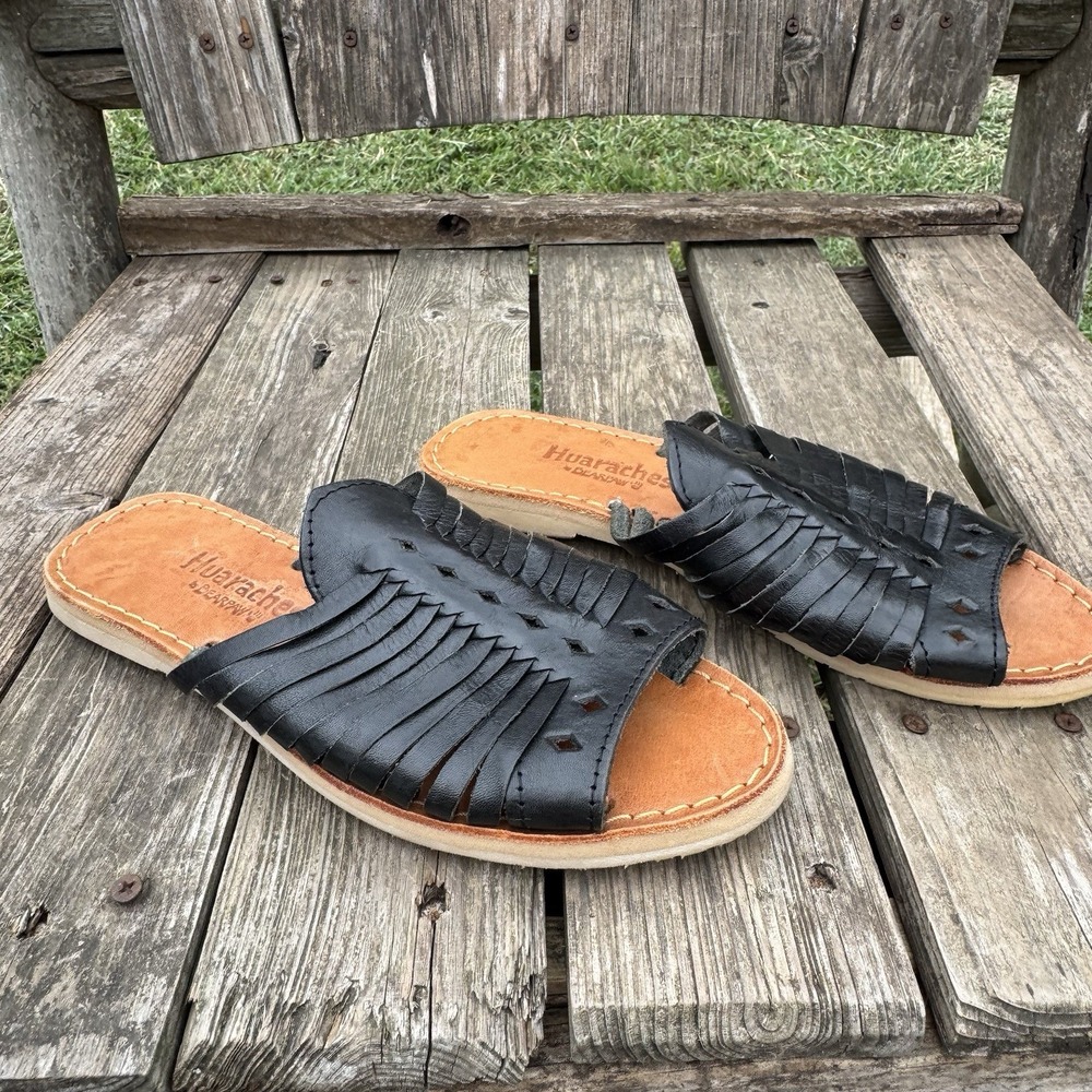 Bearpaw Huaraches Black Leather Slide Sandals Women's Size 7 Boho Comfort